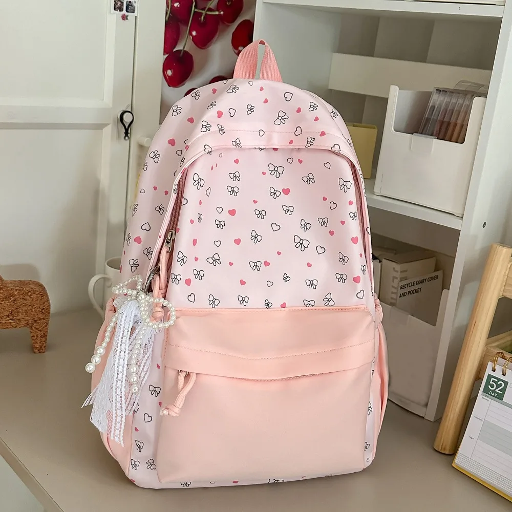 Casual Large Capacity Student Schoolbag Bowknot Design Lightweight Book Bags Soft Nylon Lace Bow Backpack For Women Girls