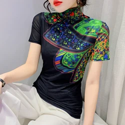 2022 Spring Print Tees Women Turtleneck Soft Short Sleeve T Shirts Lady Mesh Elegant Stretchy Tops Tees Female T-Shirt