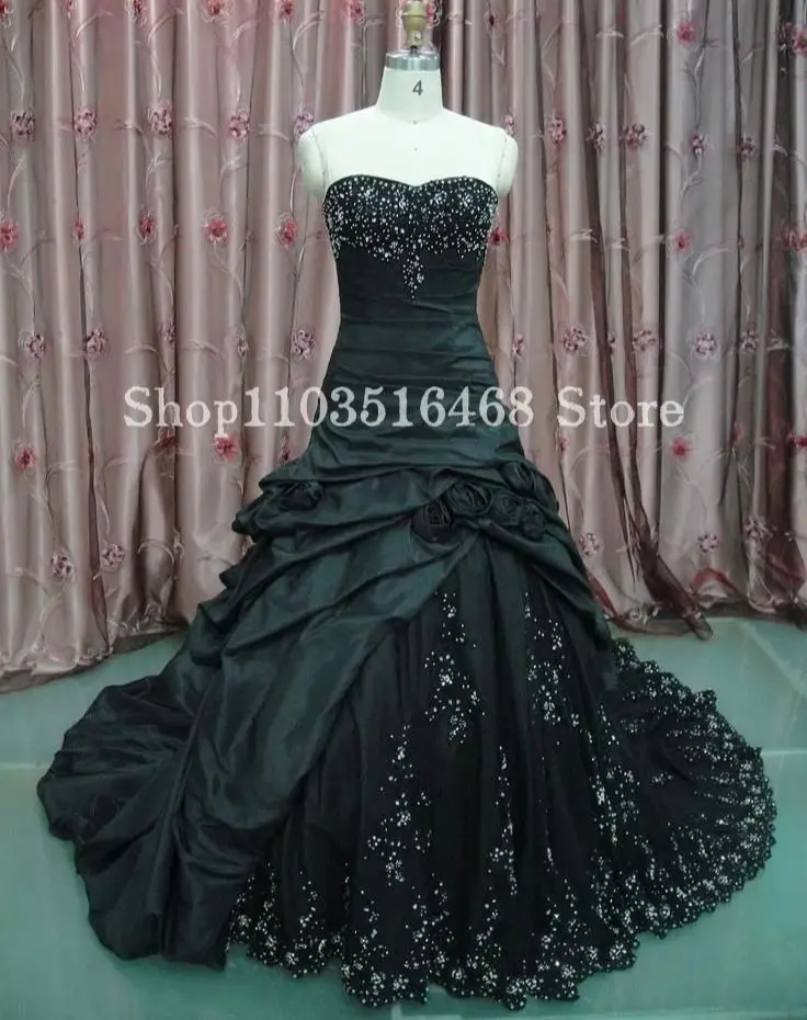 Black Gothic Wedding Dress Sexy Sheath Sparkling Diamante 3D Floral Applique Lace Mermaid Prom Dress فستان الزفاف