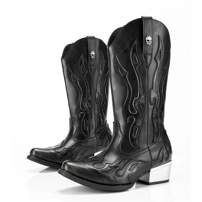 Men's Women's Fad Retro Leather Boot Thick Heel Western Denim Boot Punk Side Zipper Couple Mid-tube Waterproof Boots Botas Mujer