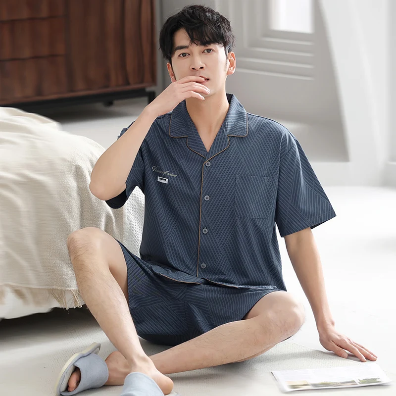 Big Size M-4XL Men Short Sleeve +Short Pant Pajamas Set Summer 100% Cotton Pyjama Male Turn-down Collar Sleepwear