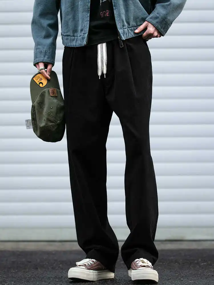 Spring Summer Cargo Pants Men Cotton Enzyme Wash Distressed Loose Fit Straight Leg Khaki Drawstring Elastic Waist Casual Pants