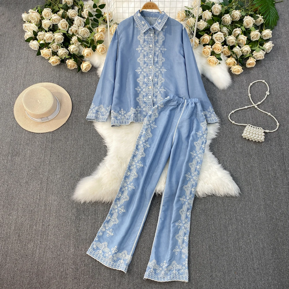 Retro Lady Flowers Embroidery Shirt Floral embroideried Blouse Cardigan Single Breasted OL Tops + High Waist Elastic Pants 2Pcs