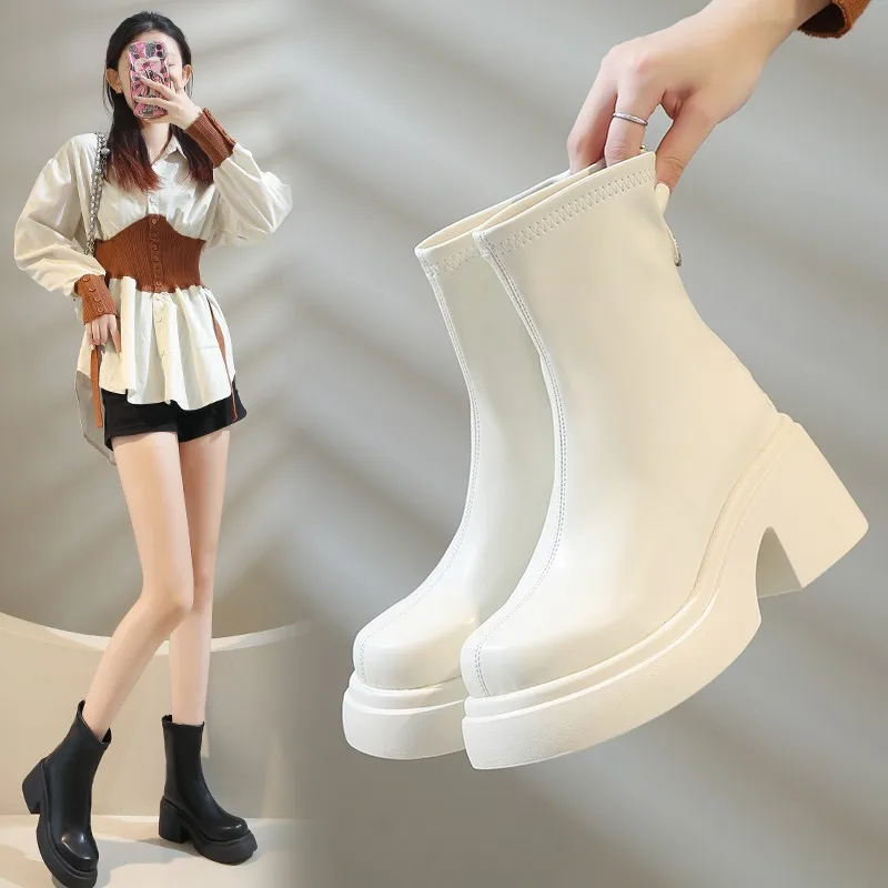 

Новинка 2023 года, женские ботильоны на толстой подошве, весенне-осенняя модная женская обувь, короткие ботинки на массивном высоком каблуке с круглой головкой
