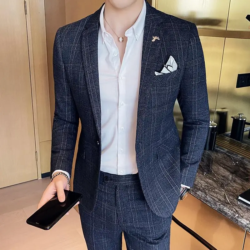 High Quality 2023 Men\'s (suit + Trousers) Boutique Fashion Business Suit Slim Handsome Trend Banquet Two-piece Set Four Seasons