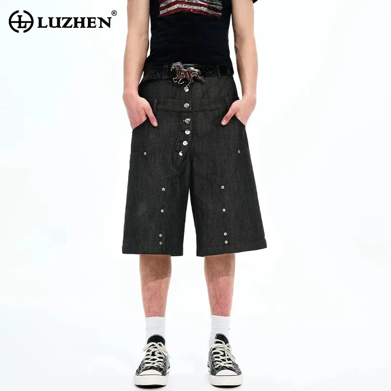 LUZHEN Slant Original Embroidery Letter 2026 Buttoned Rivet New Metal Decorate Denim Cropped Trousers Men Straight Jeans JY8515