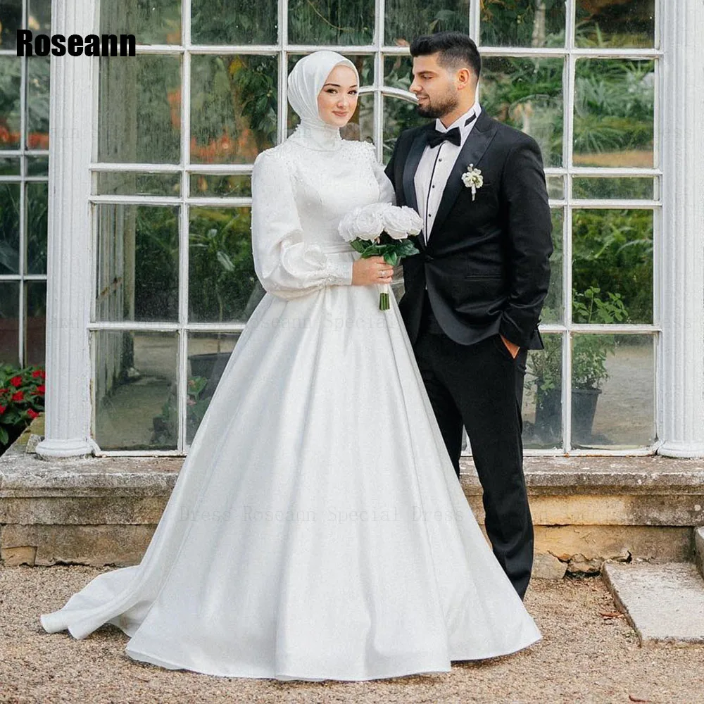 Muslim 2024 New Design High Collar A-line Wedding Dresses Pearls Satin Full Draped Pleat Bride Gown Floor Length robe de mariée