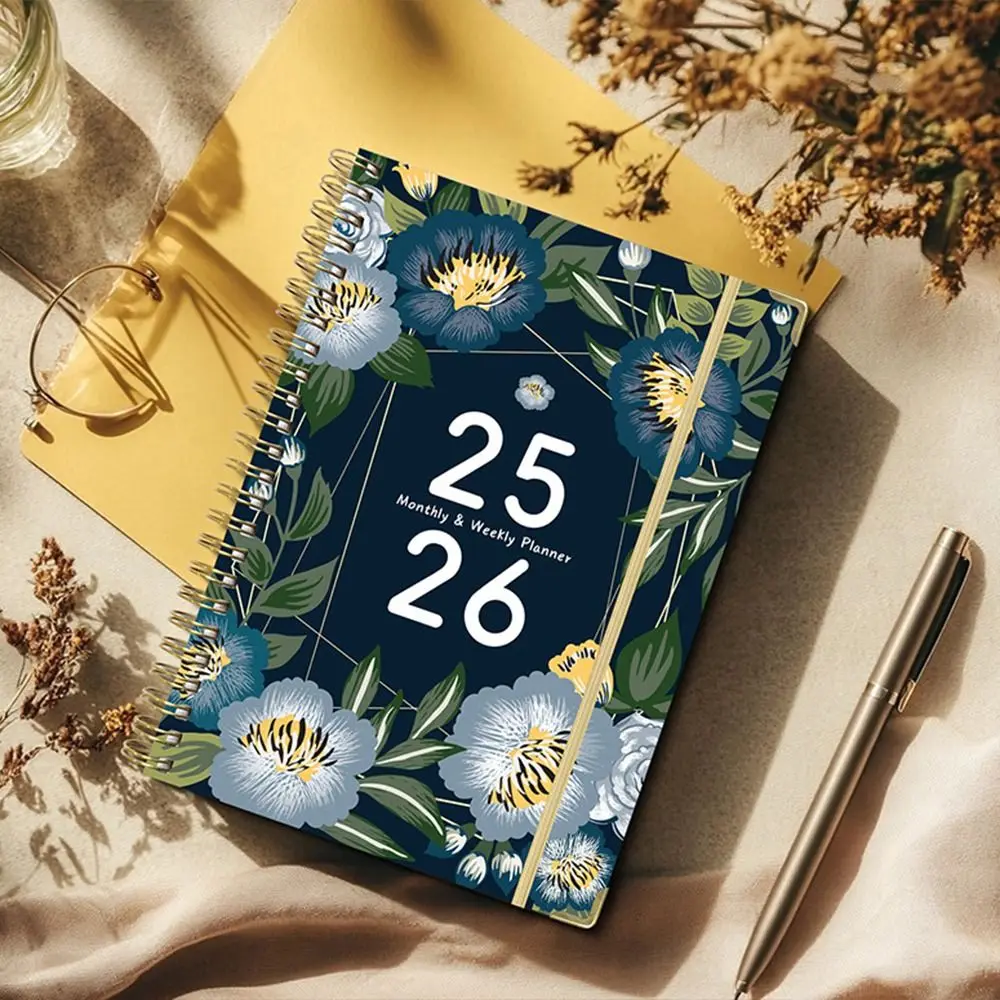 

12 Months A5 Agenda Book Colorful Flower Pattern Taking Notes English Notebook Portable To Do List Binder Coil Notebook