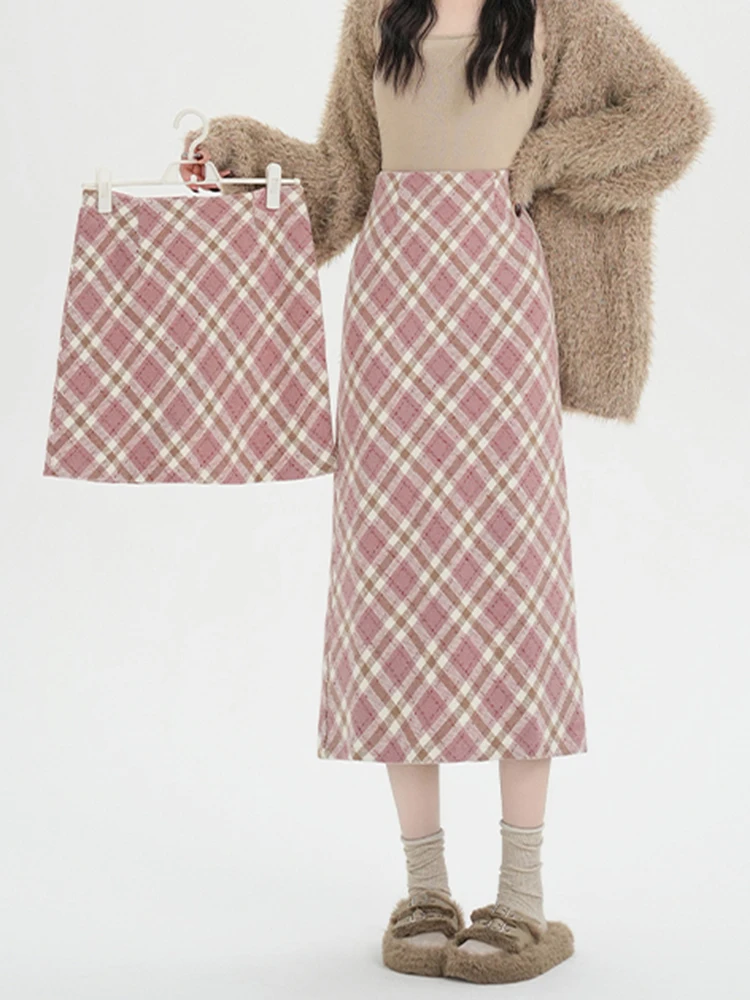 

Юбка в клетку Y2K, корейская милая розовая шерстяная юбка, прямая юбка-миди трапециевидной формы, зимняя стильная юбка для девочек