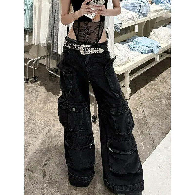 

Loose Straight Leg Workwear Jeans Women's Casual Wide Leg Pants Heavy Wa American Vibe Street Sle mid Waist Net Print
