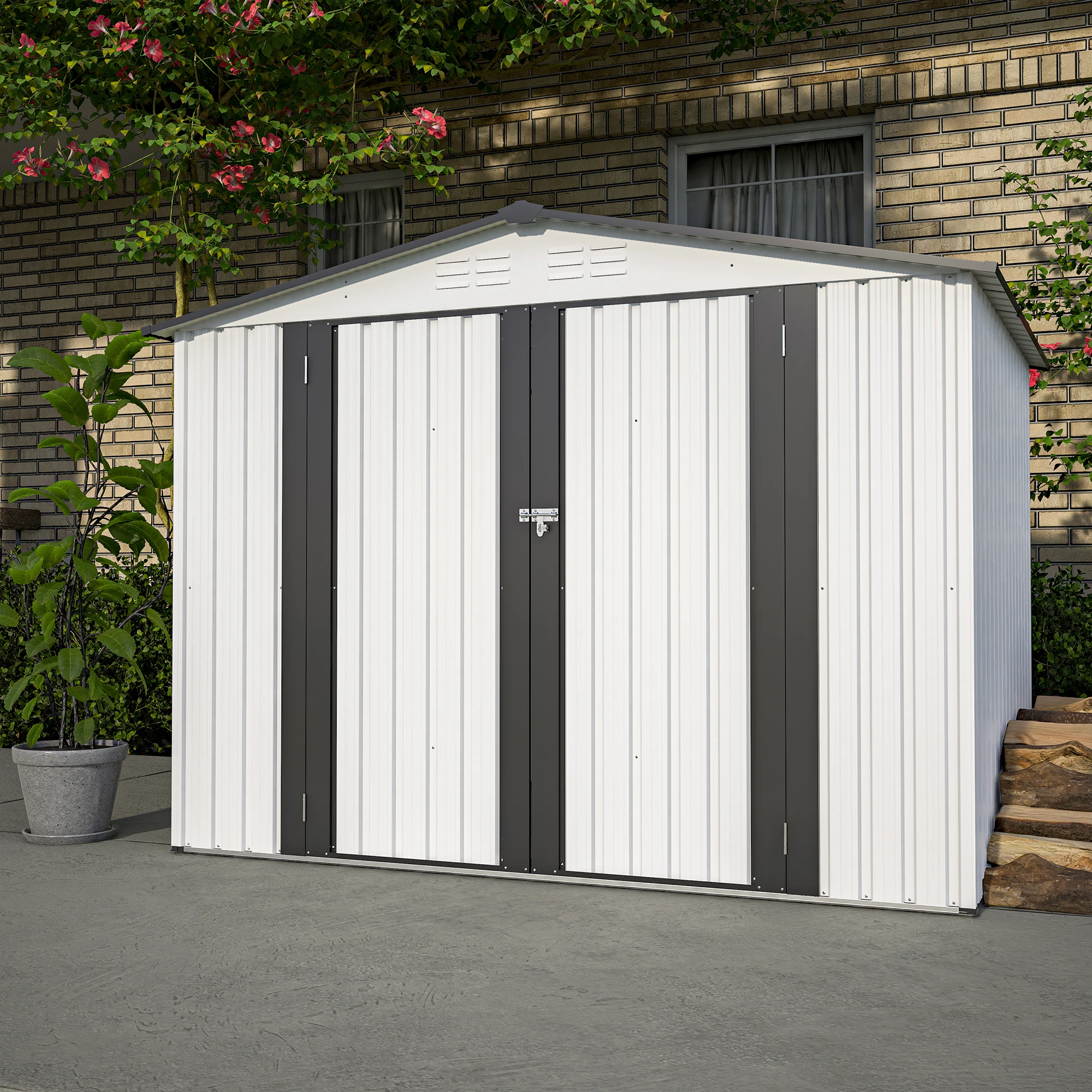 8 x 6 ft Outdoor Storage Shed All Weather Metal Sheds with 2 Lockable Doors Tool Shed for Garden Backyard Lawn White