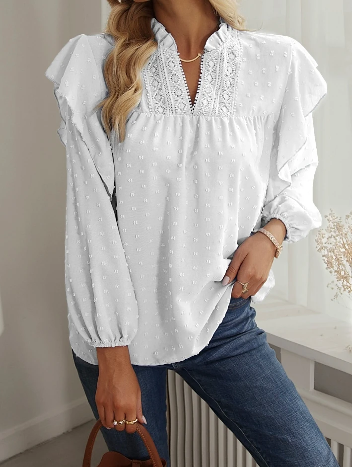 Women's Blouse 2024 Autumn Solid Color Ruffle Lantern Sleeve Lace Splicing Fashion Casual Top Pullover Shipping Within 48 Hours