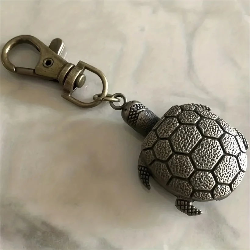 Exquisite Mini Turtle Shape Quartz Pocket Watch,Cartoon Flip Cap Creative  Necklace  Keychain Watch for Men Women and Kids