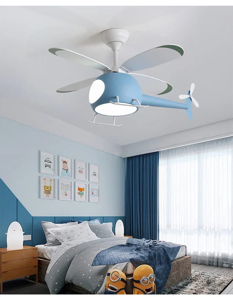 子供の寝室用のヘリコプターランプ,青とピンクのシーリングファン