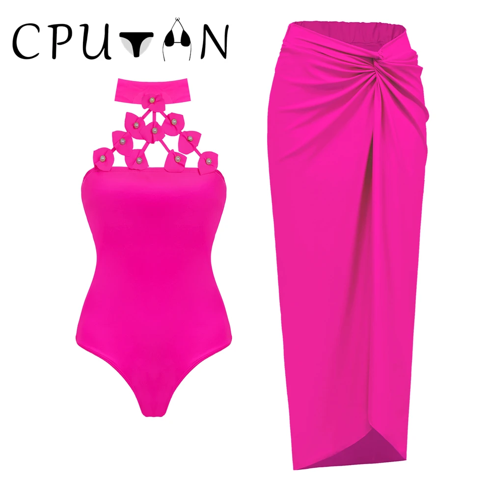 CPUTAN Sexy Bikini Set Women One Pieces Swimsuit Skirt Luxury Halter 2024 Solid Swimwear Cover Up Summer Ladies Beachwear Dress