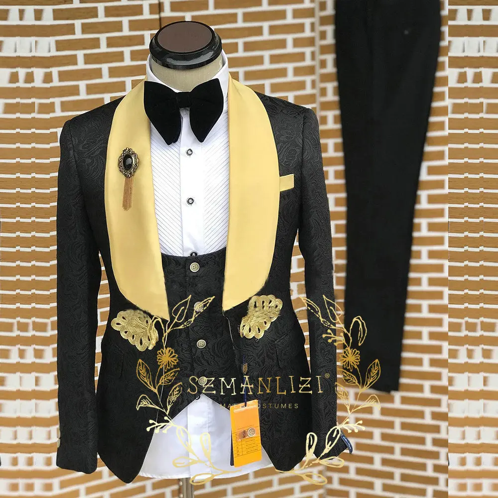 

Mens Wedding Suits 2024 Fashion Design Custom Made Black Floral Smoking Tuxedos Jacket Vest Pant Groom Terno Suits For Men