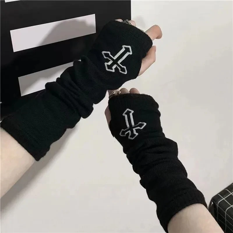 Guantes Largos sin Dedos con Patrón de Cruz Punk y Pentáculo Lunar, Puño Negro Gótico, para Mujer y Hombre, Estilo Ninja, para Exteriores, Mitones hasta el Codo, Calentadores de Brazo