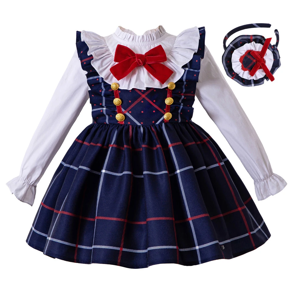 Pettigirl Girls British Style Clothing Two-piece Suit White Shirt + Blue Plaid Suspender Skirt Dress with Headband