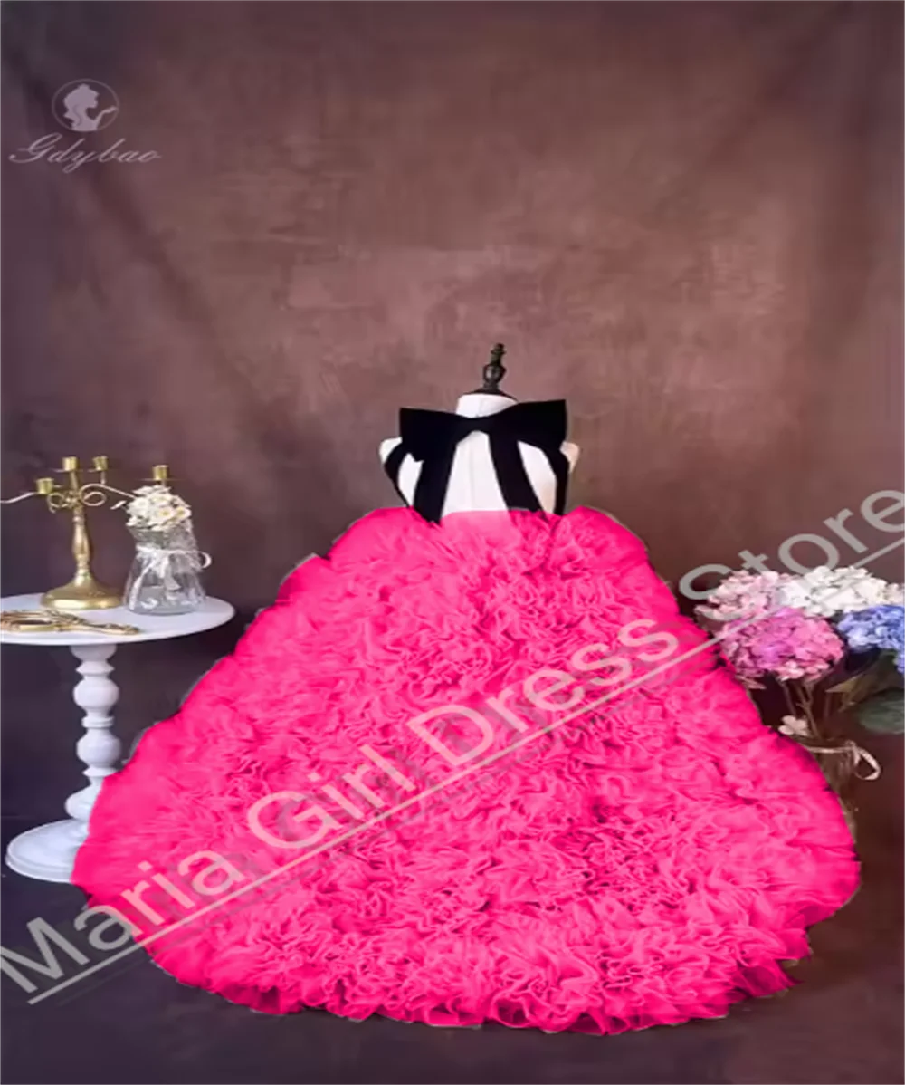 Girls Pageant Party Gowns Black Red Halter Flower Girl Dress Floral Birthay Party For Kids First Communion Gown