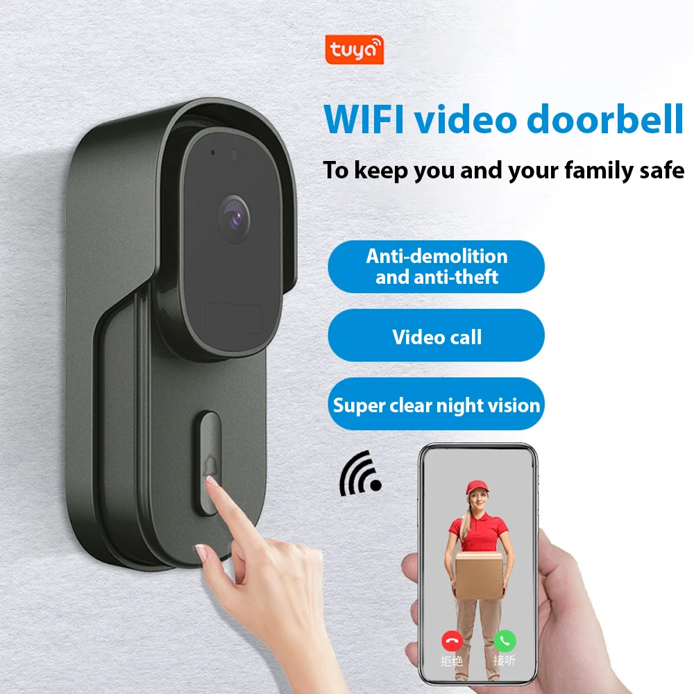 2.4GHz WiFi 1080P Tuya Video Doorbell Wireless Smart Doorbell Camera with Chime Waterproof Remote Visual Call 2-Way Audio IR