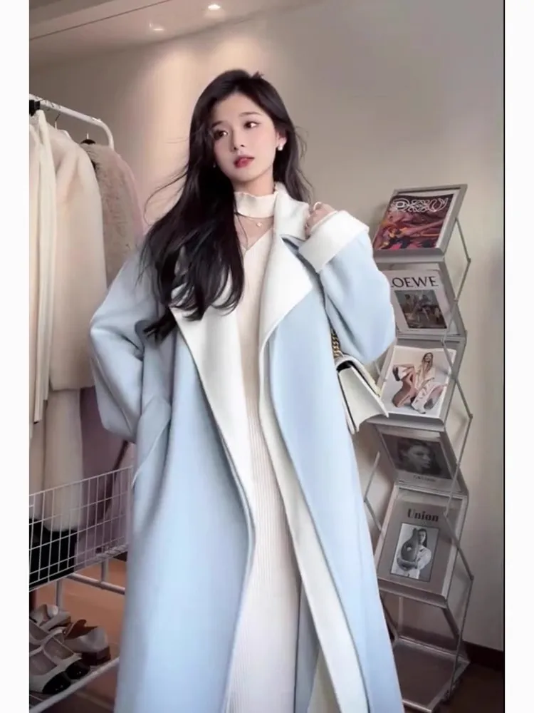 

Women'S Leather Trench Coat Winter High Street Temperament Spring Oversized Khaki Grey Korean Overcoat Lace-Up Cropped Collar