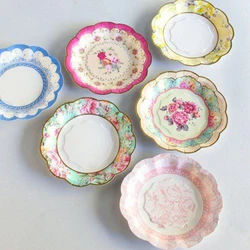 Retro Floral Paper Plates- 8 Count, 6.8 Inch Eco-Friendly Disposable Plates, Sturdy, Soak & Cut-Proof, Microwave Safe