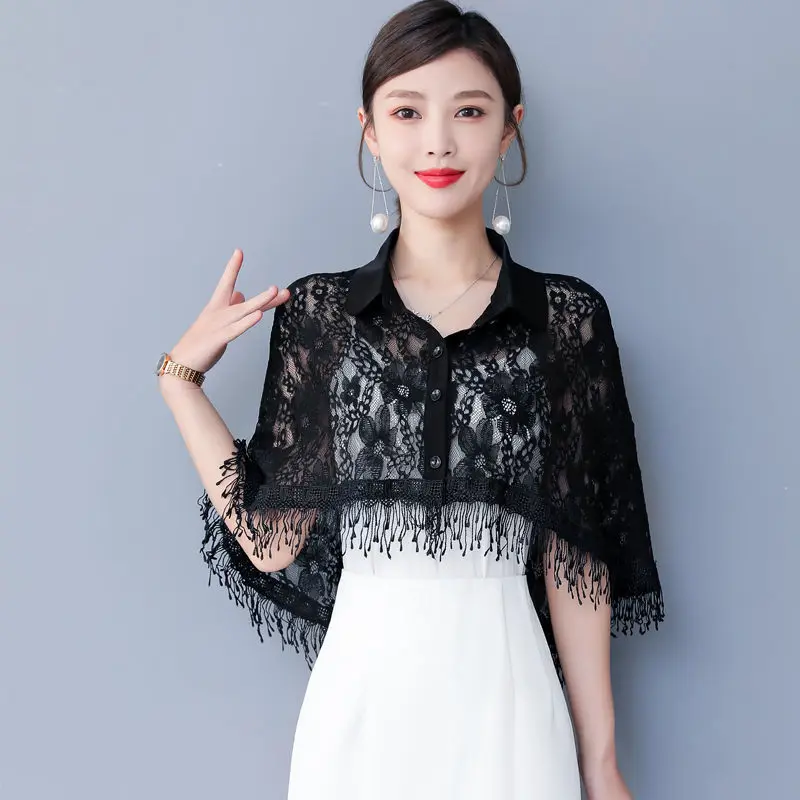 

Elegant Lapel Spliced Irregular Hollow Out Tassel Lace Shirt Women's Clothing 2023 Summer New Casual Tops Asymmetrical Blouse