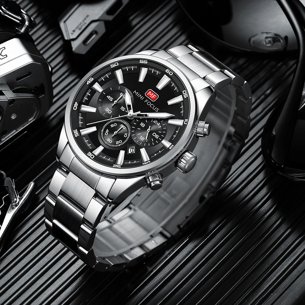 MF MINI FOCUS Luxury Men Quartz Watch Chronograph 24H Display Calendar Date Luminous Pointer Stainless Steel Strap Wristwatch