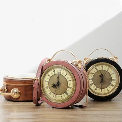 Fashion PU Leather Women Lady Vintage Clock Round Handbag Messenger Crossbody Shoulder Bag Chain Purse