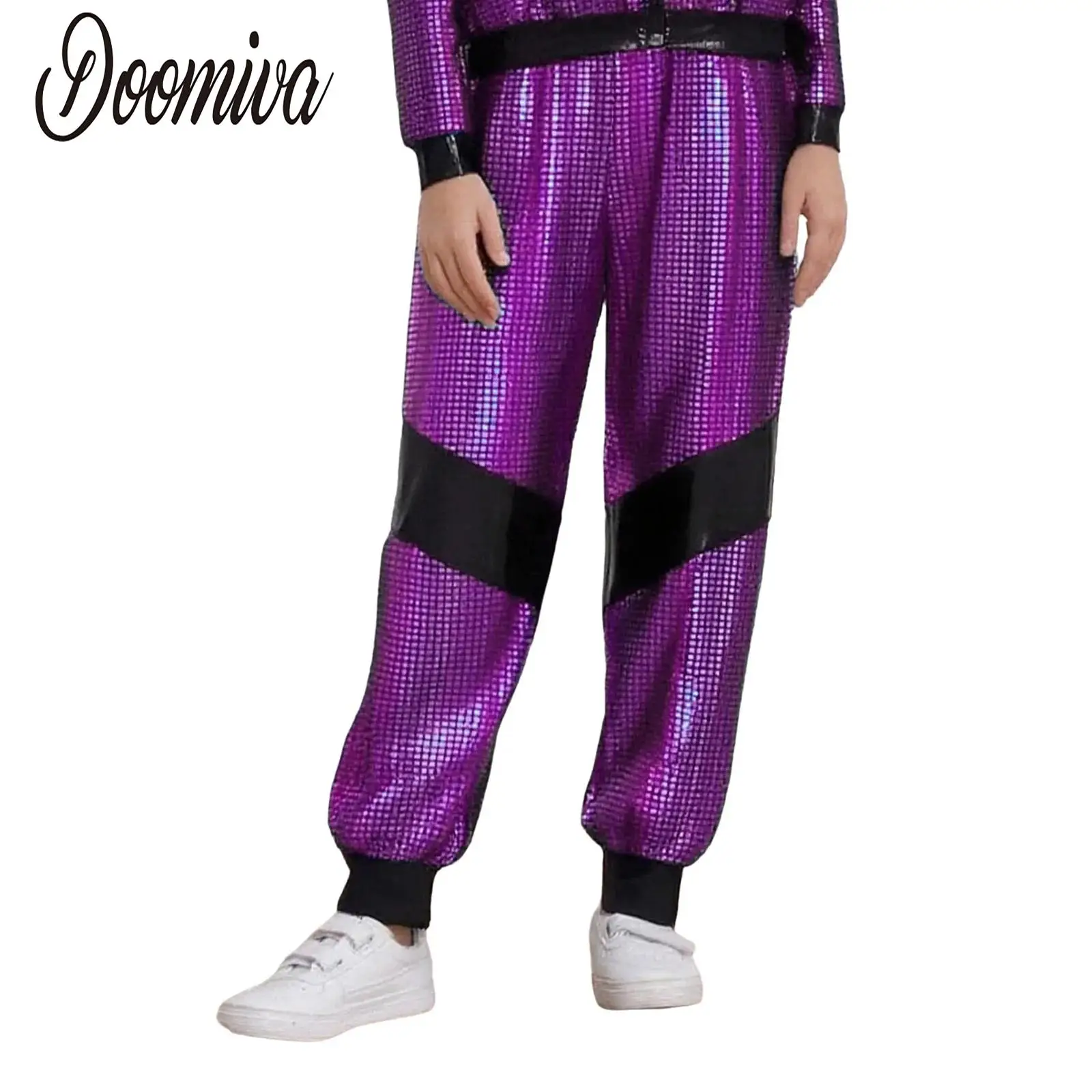 

Детский блестящий костюм для джазовых танцев в стиле хип-хоп для мальчиков и девочек, уличные брюки для современных танцев, эластичный пояс, металлические клетчатые брюки с цветными блоками