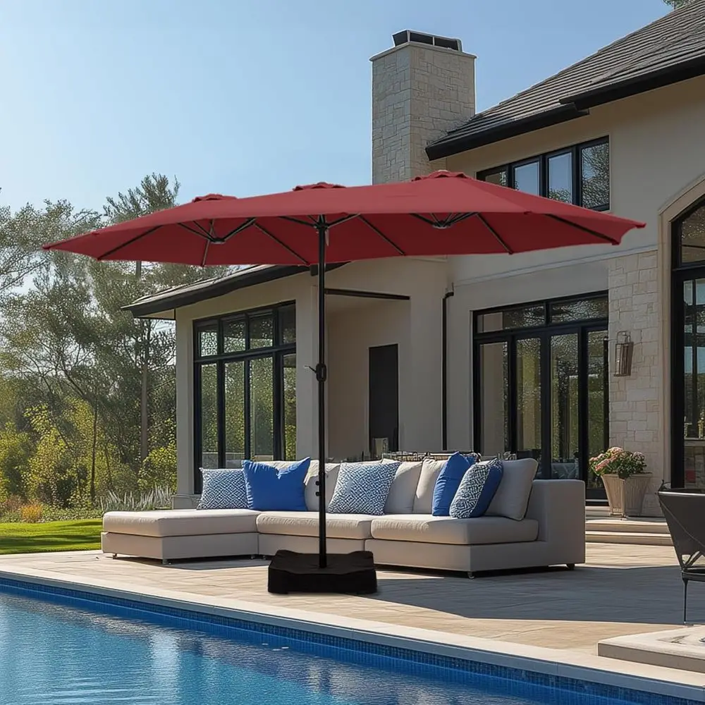 15ft Outdoor Patio Umbrella with Crank and Base, Large Double-Sided Market Style, Red