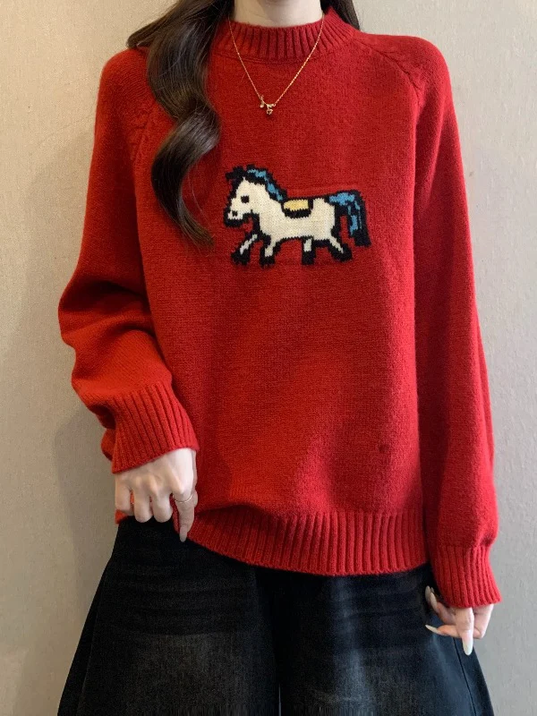 

Red Embroidered Knitwear Shoulder Length Women's Sweater Winter Season Large Size Fat MM New Year Anti-Aging Top