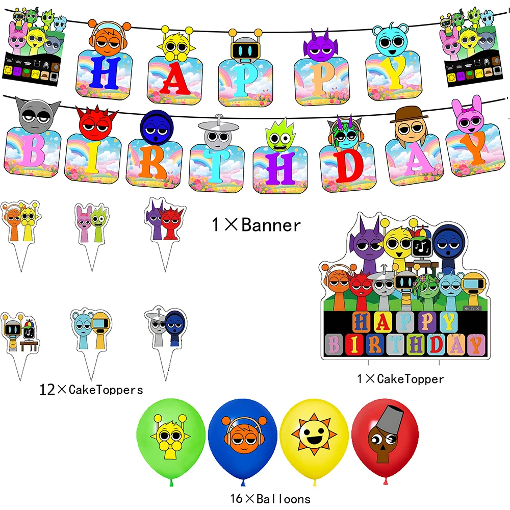 Incredibox Sprunki Theme Decorations Banner Cupcake Topper Set بالون للأولاد والبنات والأطفال والكبار وحفلات أعياد الميلاد