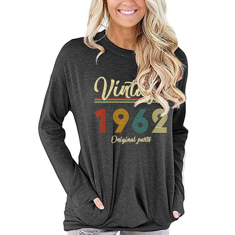 62 Years Old Vintage 1962 Original Parts Print Women T Shirt Fashion Casual Birthday Party Ladies Personality Long Sleeve Tshirt