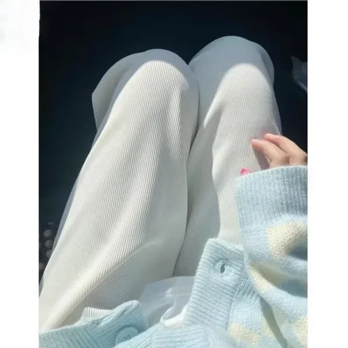 여성용 와이드 레그 팬츠, 벨벳 하이 웨이스트, 작고 느슨한 캐주얼 니트 스트레이트 레그 팬츠 