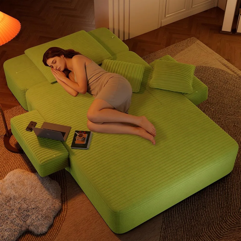 Oversized Convertible Chaise Lounge Chair Indoor, Corduroy Upholstered Boneless Sleeper Sofa Bed with Side Pockets, Customized