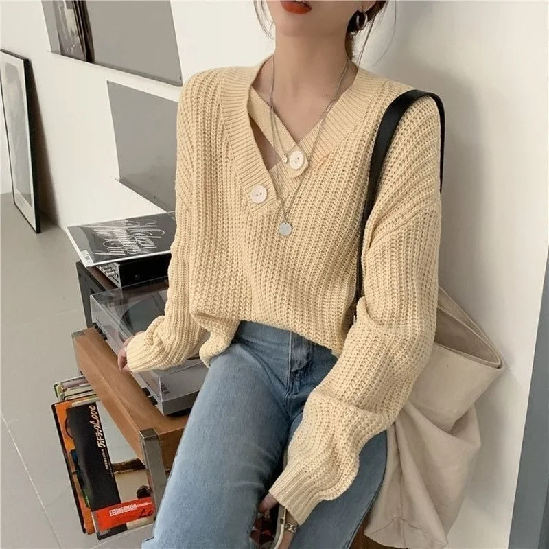 Korean Style Sweaters for Women Long Pullover Clothes Knitted Y2k Sweater with Buttons Vintage Crochet Tops Green Fashion Thick