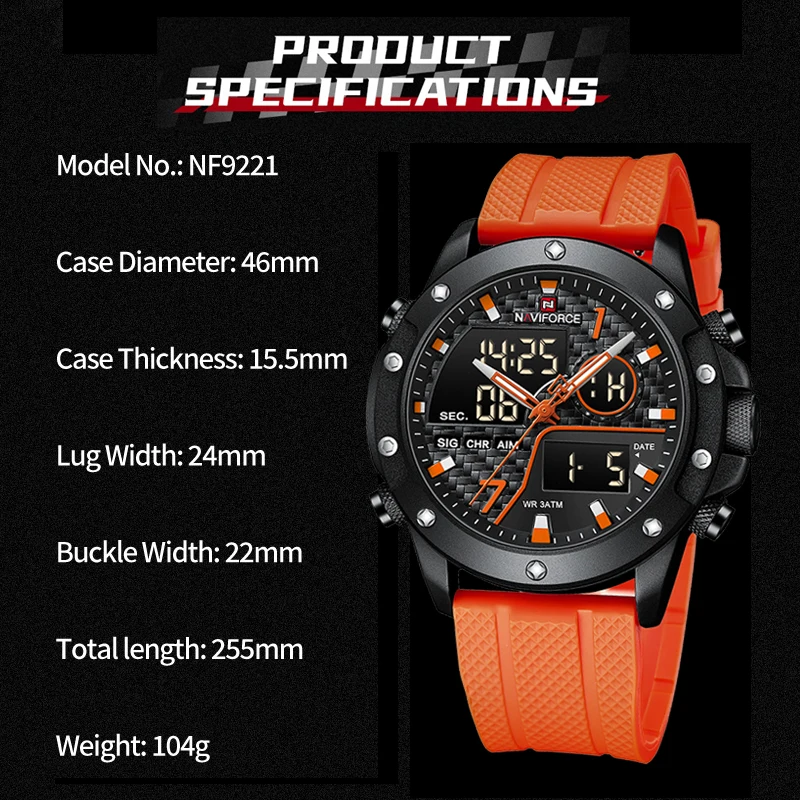 New NAVIFORCE Electronic Watches Men Dual Display Waterproof Clock TPU Strap Luminous Business Man Wristwatch Relogio Masculino