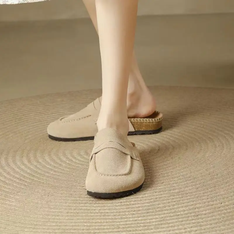 Fashion Baotou Semi-slipper Women 2024 New Thick-heeled Deodorant Flat-heeled Slippers Vintage Wearing Lazy Shoes