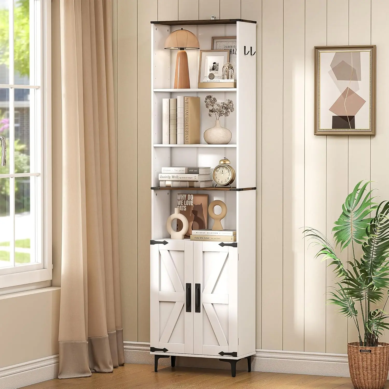 

6-ярусный книжный шкаф с дверцами и регулируемыми полками, высотой 72 дюйма, с отсеком для хранения, в стиле фермерского дома, белый, на заказ