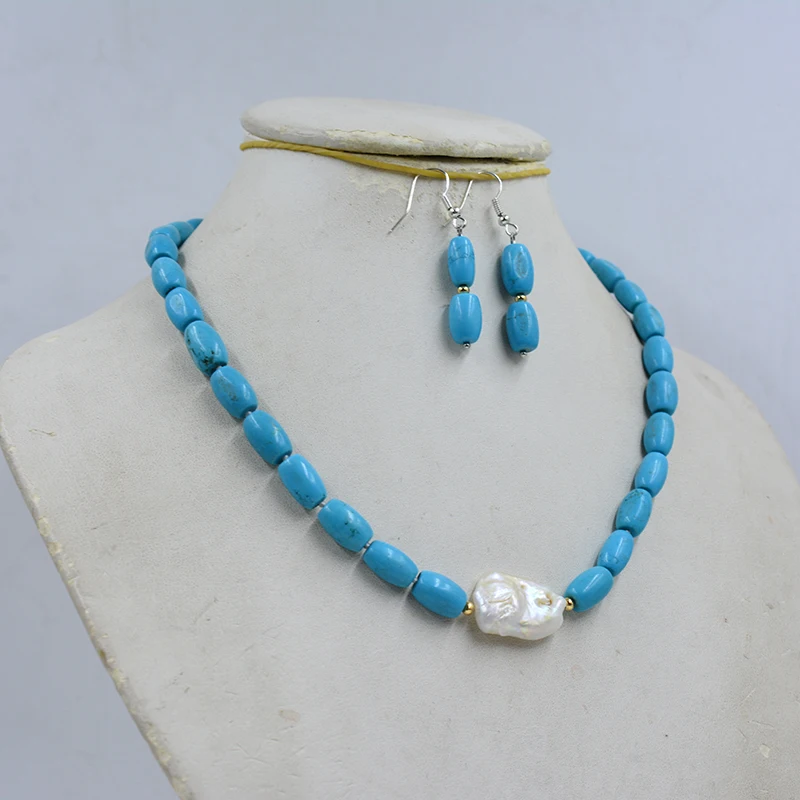 كلاسيكي 8 ملم حجر شبه كريم طبيعي. طقم أقراط قلادة من اللؤلؤ الباروكي مقاس 17 بوصة