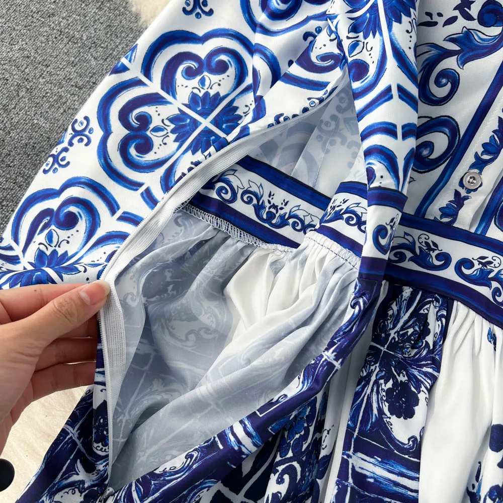 Autumn Runway Vintage Floral Print Midi Dress Women's Turn Down Neck Long Sleeve High Street Casual Party A-Line Shirt Dress