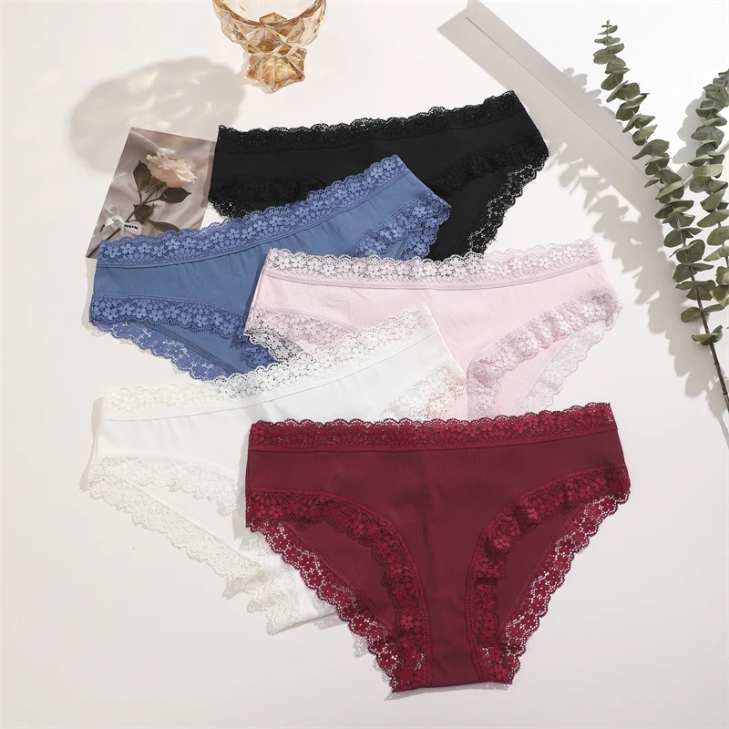 FINETOO 3Pcs Floral Lace Briefs Solid Striped Underwear Women Panties Sexy Comfortable Ladies Low-Waist Lingerie Intimates XS-XL