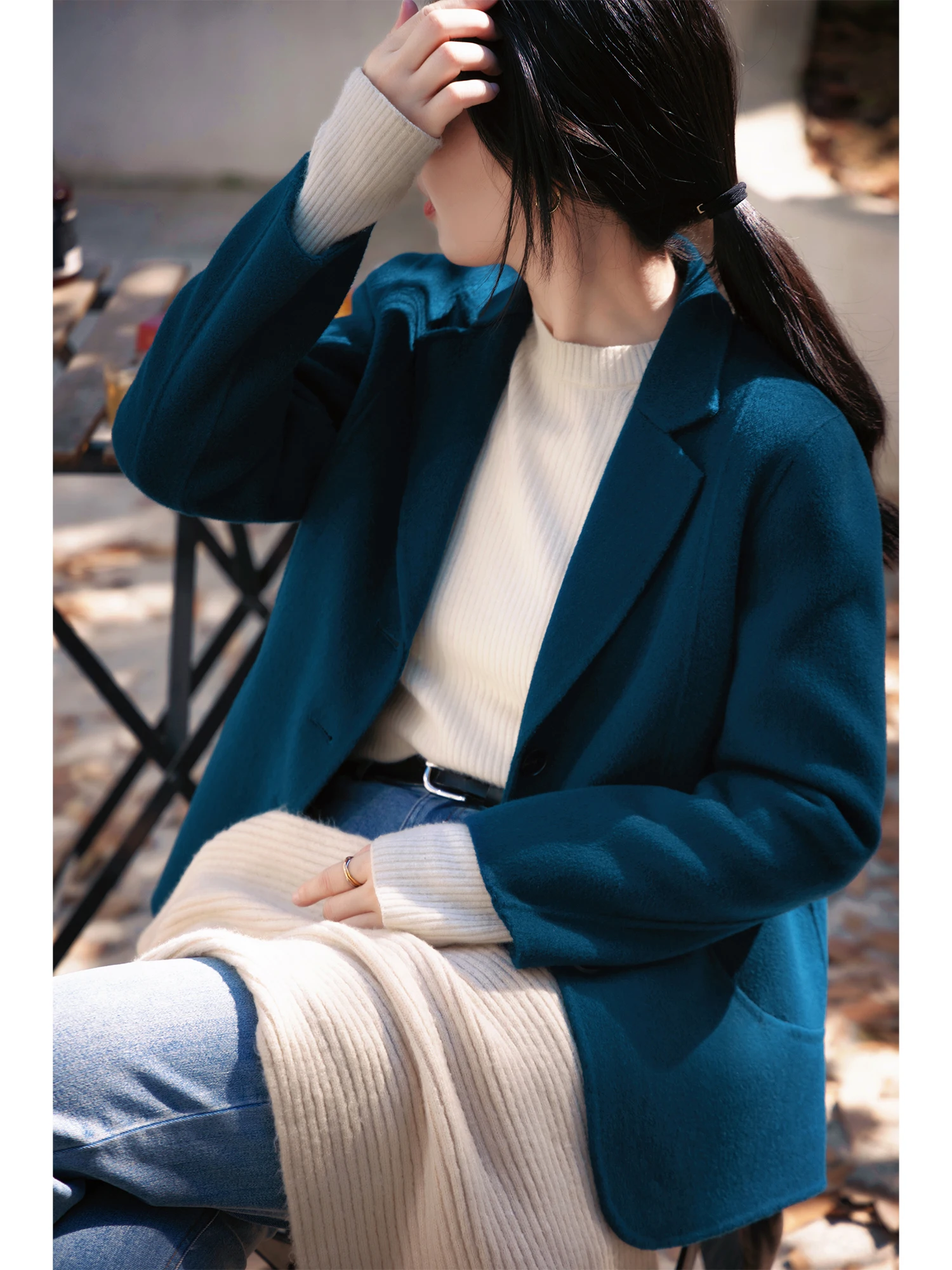 

Peaco Blue Woolen Suit Jaet Women's ort Sle Casual Autumn Winter Coat Retro Briti Faion Knitwear Online Exclusive