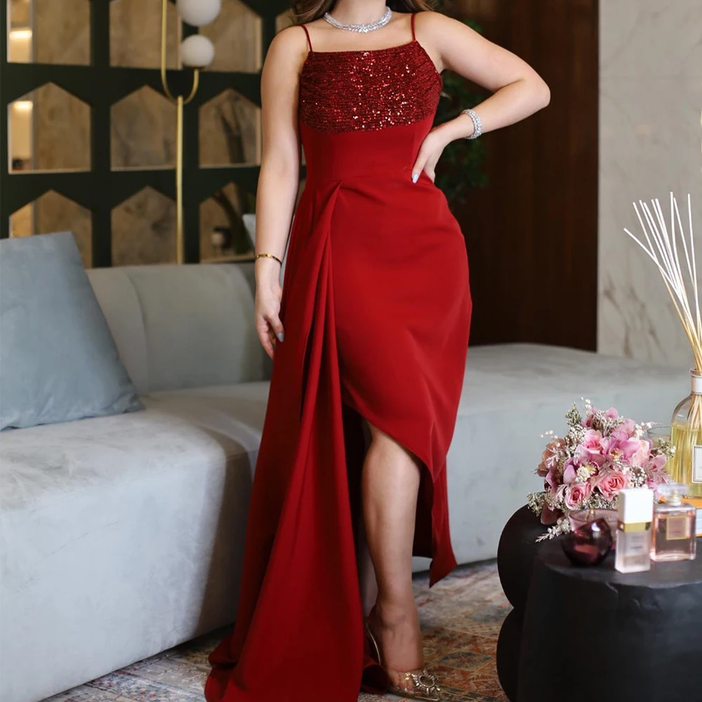 

Customized Jersey Straight Spaghetti Straps Sequined Evening Dress Strapless Side Slit Sleeveless Floor Length Panel Train Red