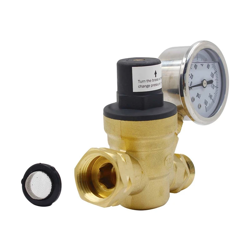 RV Brass Water Pressure Reducer RV Water Pressure Regulator With Gauge And Inlet-Screened Filter