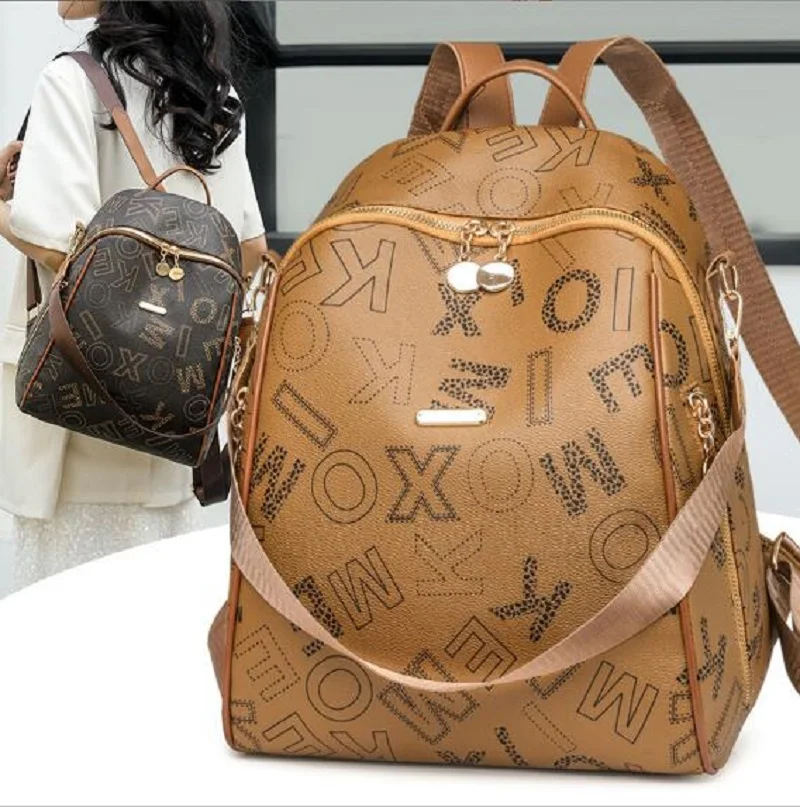 

New Fashion Letter Printed Soft Leather Backpacks Women's Large Capacity Casual Travel Shoulder Bags Totes Crossbody Bagpack