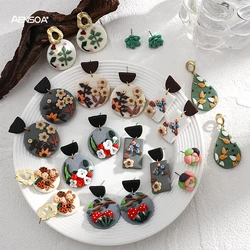 AENSOA Handmade Multicolor Floral Polymer Clay Earrings for Women Flower Plant Pattern Geometric Round Drop Earrings Jewelry