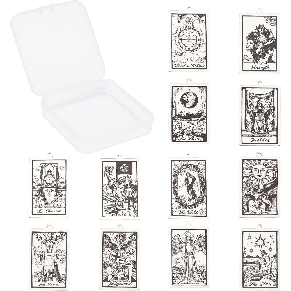 1 doos 12 stuks Tarot Card Charms grote roestvrijstalen Tarot Charms 24x40mm Vintage Tarot Sun Charm Ouijas grote sierlijke rechthoek