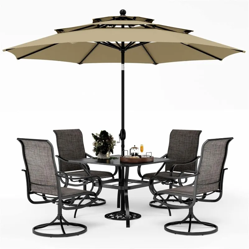 Patio Table and Chairs Dining Set with Umbrella for 4, Outdoor Dining Set with 4 Swivel Patio Chairs,1 Square Metal Dining Table